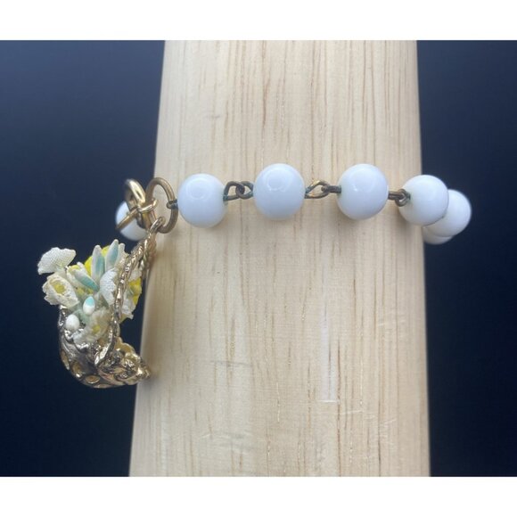 Vtg Glass Bead Charm Bracelet Basket Lemon Flower Novelty Italian or Japan 1950s - Picture 8 of 12